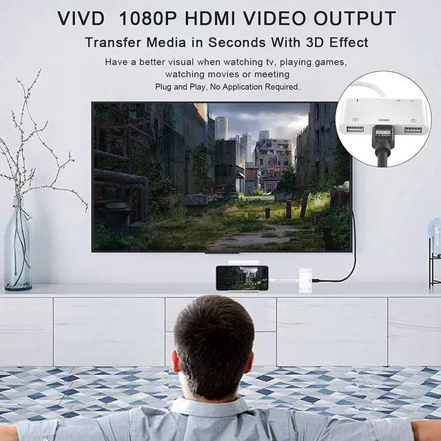 Alt view image 3 of 6 - Lightning to HDMI Adapter for iPhone 6 in 1 TF & SD Card Reader with Charging Port HDMI Adapter to TV /Monitor/Projector/USB Drive/MIDI /Keyboard/Mouse Suitable for Meeting Speech and Teaching