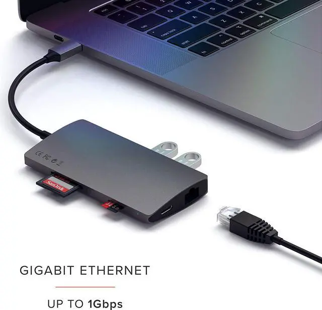 Alt view image 3 of 6 - Satechi USB C Hub Multiport Adapter V2 - USB C Dongle - 4K HDMI (60Hz), 60W USB C Charging, GbE, SD/Micro Card Readers, USB 3.0 - USBC Hub for MacBook Pro/Air M1 M2 - Space Gray