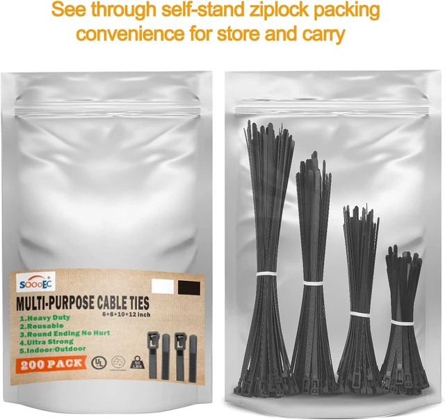 Alt view image 6 of 6 - 200 Pack Reusable Zip Ties Assorted Sizes 6 8 10 12 Inch Black Cable Ties