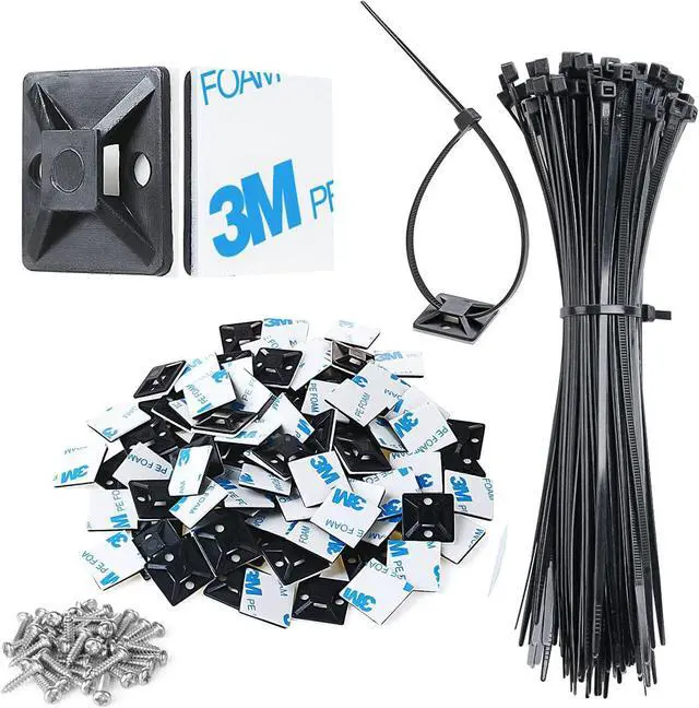 Main image of 3/4 Strong Back-Glue Self Adhesive Black Cable Zip Tie Mounts 100pcs with 8 Zip Ties Screws UV Protection Outdoor Sticky Wire Fasteners Cable Clips Management Anchors Organizer Holders Squares