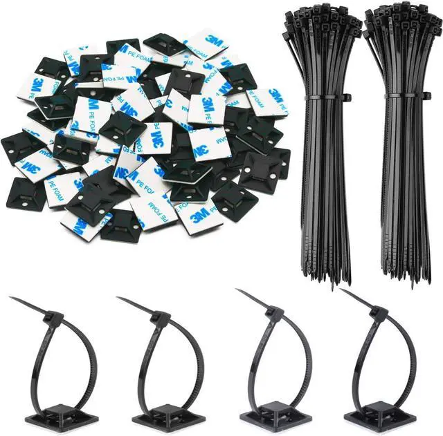 Main image of 140 Pack 3/4 Zip Tie Adhesive Mounts Self Adhesive Cable Base Holders with Multi-Purpose Tie wire clips with screw hole Anchor stick on wire holder Black