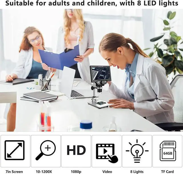 Alt view image 2 of 7 - UF-TOOLS 7 Inch LCD Digital Microscope with 64GB TF Card, 1200x Magnification, 12MP Ultra-Precise Focusing Camera 1080P Video Microscope 8 LED Lights for Coin Circuit Board Soldering PC Watch Repair