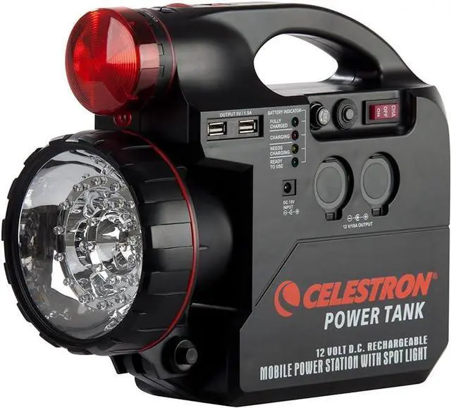 Main image of PowerTank 12 Telescope Battery  Rechargeable Portable 12V Power Supply for Computerized Telescopes  84 Wh Power  Builtin 2 USB Ports, Cigarette Lighter Adapter, Built-in Flashlight