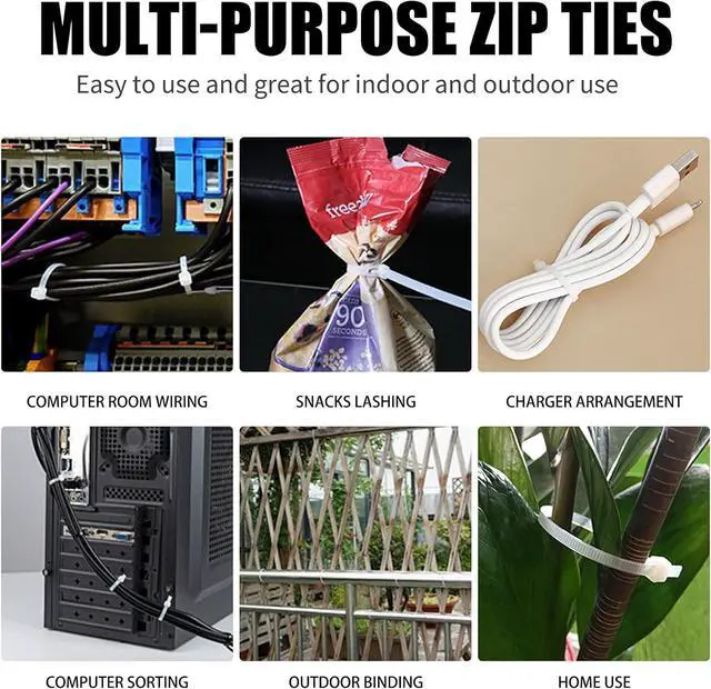 Alt view image 3 of 7 - Cable Zip Ties 600 Piece Self-Locking Nylon CableTies Assorted Sizes 4+6+8+10+12-Inch Multi-Purpose Wire Management Plastic Ties Perfect for Home Garden Office Travel and Workshop.White