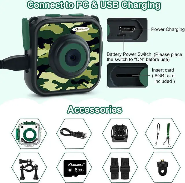 Alt view image 2 of 7 - PROGRACE Waterproof Camera for Kids - Children Digital Video Cameras Underwater Camera 1080P Toddler Sports Cameras for Boys Birthday Cámara Pool Toys Age 3 4 5 6 7 8 9 10 11 12