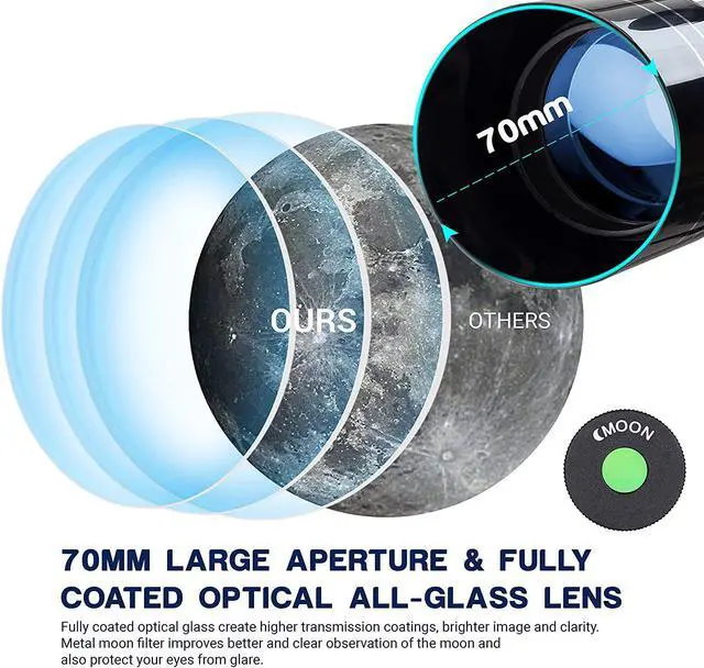 Alt view image 4 of 7 - Telescope for Adults, 70mm Aperture Refractor Telescopes (15X-180X) for Astronomy Beginners, Portable Travel Telescope with Phone Adapter & Adjustable Tripod
