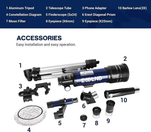 Alt view image 7 of 7 - Telescope for Adults, 70mm Aperture Refractor Telescopes (15X-180X) for Astronomy Beginners, Portable Travel Telescope with Phone Adapter & Adjustable Tripod