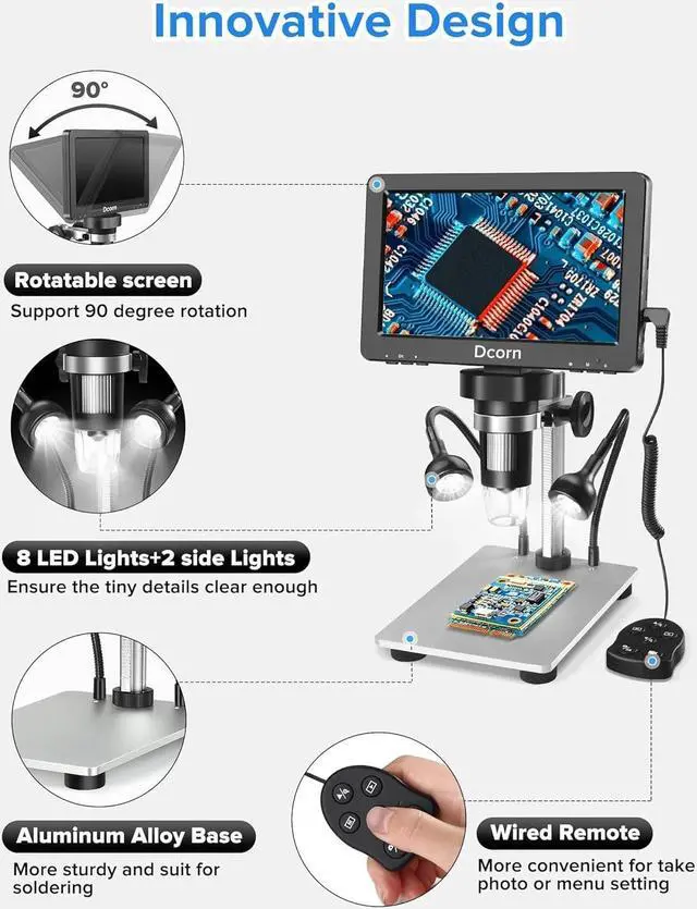 Alt view image 5 of 7 - Digital Microscope 1200X,Dcorn 12MP 1080P Photo/Video Microscope for Adults Soldering Coins,Metal Stand,Wired Remote,10 LED Fill Lights,PC View,Windows/Mac Compatible