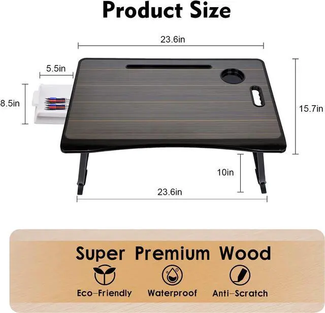 Alt view image 5 of 7 - Amaredom Laptop Bed Desk Tray Bed Table, Foldable Portable Lap Desk Notebook Stand Reading Holder with Storage Drawer and Cup Holder for Eating Breakfast on Bed/Couch/Sofa-Black