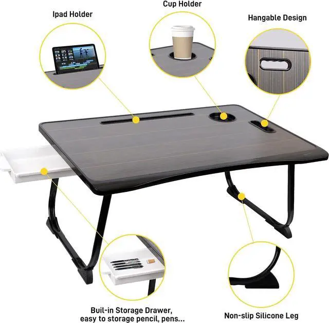 Alt view image 3 of 7 - Amaredom Laptop Bed Desk Tray Bed Table, Foldable Portable Lap Desk Notebook Stand Reading Holder with Storage Drawer and Cup Holder for Eating Breakfast on Bed/Couch/Sofa-Black