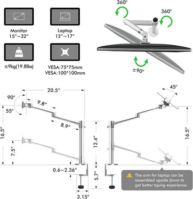 Alt view image 4 of 7 - Viozon Monitor and Laptop Mount, 2-in-1 Adjustable Dual Arm Desk Mounts Single Desk Arm Stand/Holder for 17 to 32 Inch LCD Computer Screens, Extra Tray Fits 12 to 17 inch Laptops (Silver)