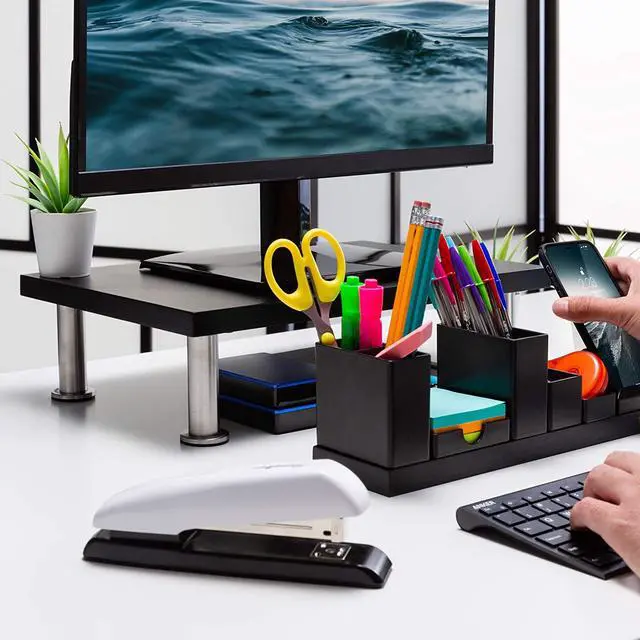 Alt view image 3 of 5 - The Original Bamboo Monitor Stand (As Seen On PBS) - Monitor Riser for Computer Screen or Laptop - Desk Shelf Adds Storage Space and Improves Ergonomics - Black