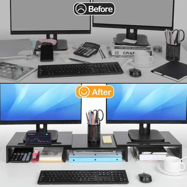 Alt view image 3 of 7 - Dual Monitor Stand -Adjustable Length and Angle Dual Monitor Riser Computer Monitor Stand w/2 Slot Desktop Organizer Monitor Stand Riser for PC Computer Laptop (Black)