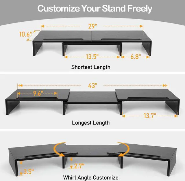 Alt view image 4 of 7 - Dual Monitor Stand -Adjustable Length and Angle Dual Monitor Riser Computer Monitor Stand w/2 Slot Desktop Organizer Monitor Stand Riser for PC Computer Laptop (Black)