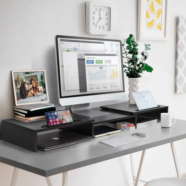 Alt view image 7 of 7 - Dual Monitor Stand -Adjustable Length and Angle Dual Monitor Riser Computer Monitor Stand w/2 Slot Desktop Organizer Monitor Stand Riser for PC Computer Laptop (Black)