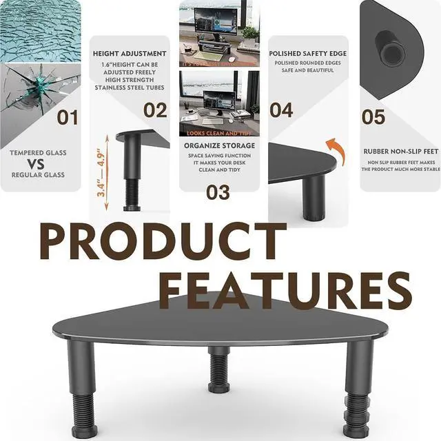 Alt view image 2 of 6 - Tempered Glass Computer Monitor Riser/Triangle Save Space Desktop Corner Stand for Computer Monitor & Laptop Black HD01B-003