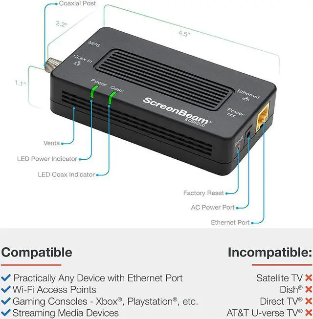 Alt view image 6 of 7 - Xiaogan MoCA 2.0 Network Adapter for Ethernet Over Coax (2 Pack)  1 Gbps Ethernet, Coax to Ethernet Adapter, Enhanced Streaming and Gaming (Model: ECB6200K02)