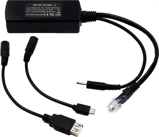 Main image of PoE Texas PoE Power Adapter for USB-A and Micro-USB Compatible Devices Including Apple Cables for POS, Digital Signage, & More - 802.3af POE to 5 Volt Splitter - Extends Power Delivery Up to 328 Feet