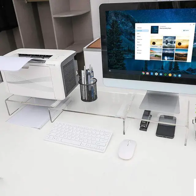 Alt view image 3 of 7 - Acrylic Monitor Stand Riser Dual Monitor Stand with Adjustable Length and Angle 3 Shelf Monitor Stand Riser with Anti-Slip Mat for Laptop Computer PC Printer TV Screen