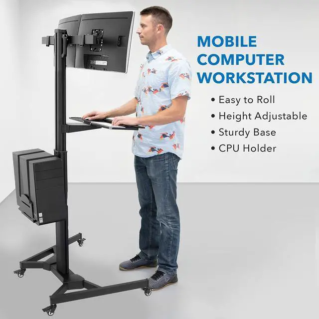 Alt view image 4 of 7 - Dual Monitor Computer Cart  Mobile Standing Desk with Wheels, Rolling Workstation with Keyboard Tray, CPU Holder, and Adjustable Screen Mount for Office, Medical, or Warehouse