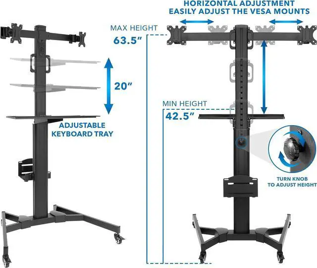 Alt view image 5 of 7 - Mount-It! Adjustable Mobile PC Workstation for Dual Monitors | Mobile Standing Computer Cart with Adjustable Keyboard Tray and CPU Holder | Rolling Computer Desk Fits Monitors 13 to 32 Inches