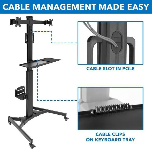 Alt view image 7 of 7 - Mount-It! Adjustable Mobile PC Workstation for Dual Monitors | Mobile Standing Computer Cart with Adjustable Keyboard Tray and CPU Holder | Rolling Computer Desk Fits Monitors 13 to 32 Inches