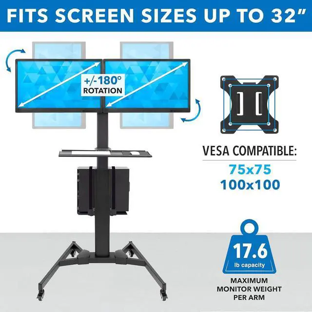 Alt view image 7 of 7 - Dual Monitor Computer Cart  Mobile Standing Desk with Wheels, Rolling Workstation with Keyboard Tray, CPU Holder, and Adjustable Screen Mount for Office, Medical, or Warehouse