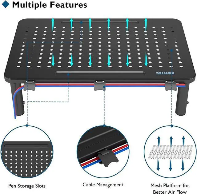 Alt view image 4 of 7 - BONTEC 2 Pack 3 Height Adjustable Monitor Stand Riser with Pen Holder, Ergonomic Metal Laptop Stand with Cable Management, Desktop Stand for Computer, Printer, Monitor, Laptop, Black Steel, 14.5 in