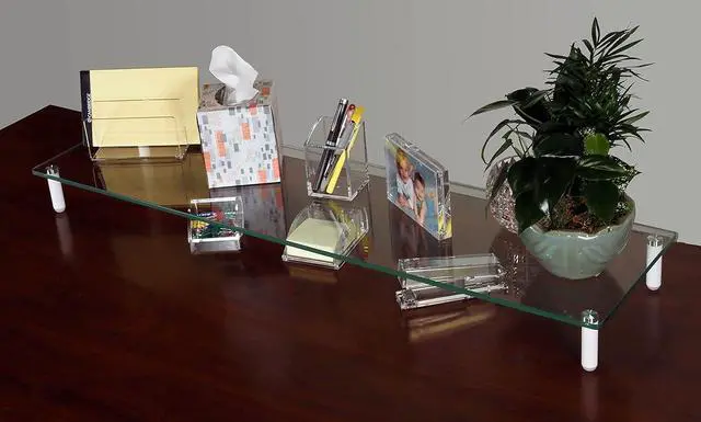 Alt view image 5 of 6 - Kantek Desktop Glass Dual Computer Monitor Stand Riser, 8mm Tempered Glass Platform, Holds 2 Monitors Up to 60 Lbs, Keyboard Storage, 39.4" X 10.2" X 3.25", Clear