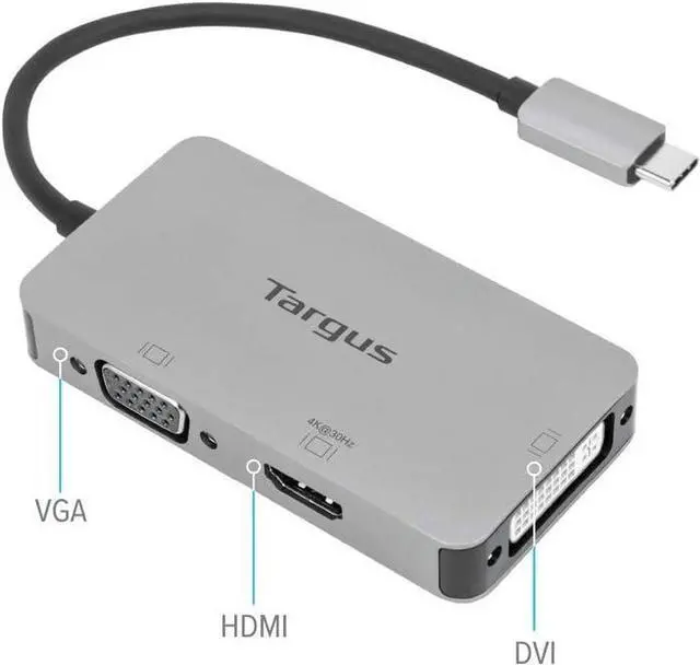 Alt view image 7 of 7 - Targus USB-C Single Video Adapter with 4K HDMI/DVI/VGA, Gray (ACA961USZ)