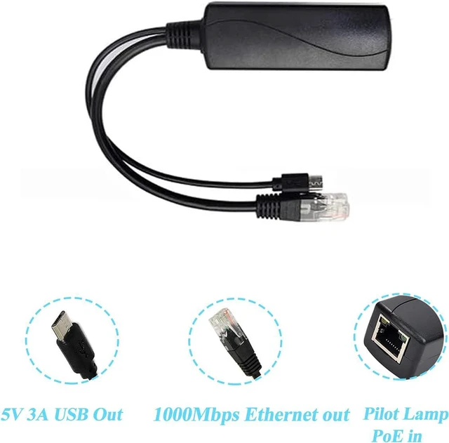 Alt view image 2 of 6 - Gigabit Micro USB PoE Splitter 5V 3A, IEEE 802.3af/at Standard 10/100/1000Mbps for Raspberry Pi 4, Tablets, Dropcam Power Over Ethernet USB Splitter Adapter (USB0503G Black)