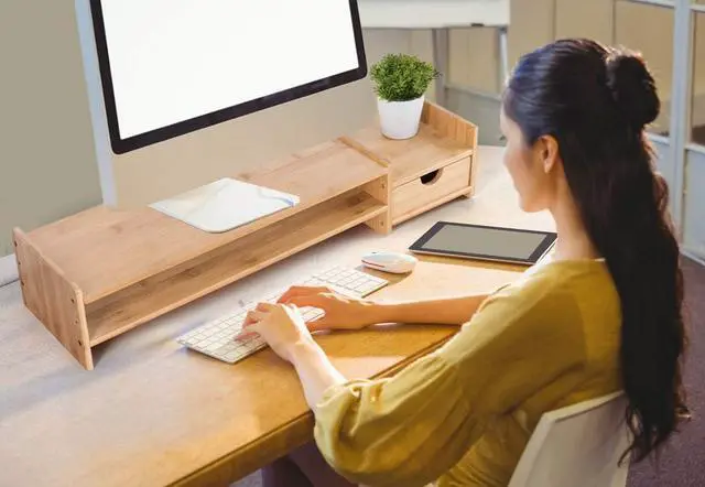 Alt view image 4 of 5 - Monitor Stand Riser Desk Organizer-Bamboo 2 Tier Laptop Stand With Drawers, Adjustable Desktop Storage Organizer For Computer, Printer, Cellphone-Use In Office,Home /Reduce Neck &Eye Strain(Basic)