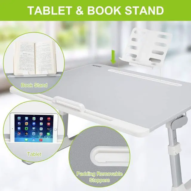 Alt view image 4 of 7 - Laptop Desk for Bed, NEARPOW XXL Bed Table Bed Desk for Laptop and Writing, Adjustable Computer Tray Laptop Stand for Bed or Sofa with Anti-slip Leather, Removable Stopper, Book Stand and Drawer- Grey