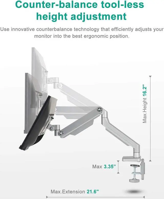 Alt view image 6 of 6 - Dual Arm Monitor Stand - Height Adjustable Desk Monitor Mount Fits for 2 Computer Screens 17 to 32 inches - Each Arm Holds up to 17.6 lbs