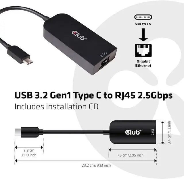 Alt view image 3 of 5 - Club 3D Cac-1520 USB 3.2 Type C to Rj45 2.5 Gigabit LAN Ethernet Cable Adapter Windows 10, 8.1, Mac OSX 10.6 to 10.13