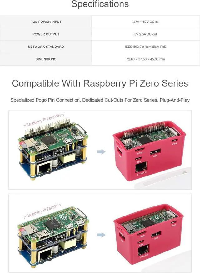 Alt view image 4 of 7 - PoE Ethernet/USB HUB Box Fit Raspberry Pi Zero Series, with PoE/ETH/USB HUB HAT Inside, 802.3af-Compliant, Includes 3X USB 2.0 Ports