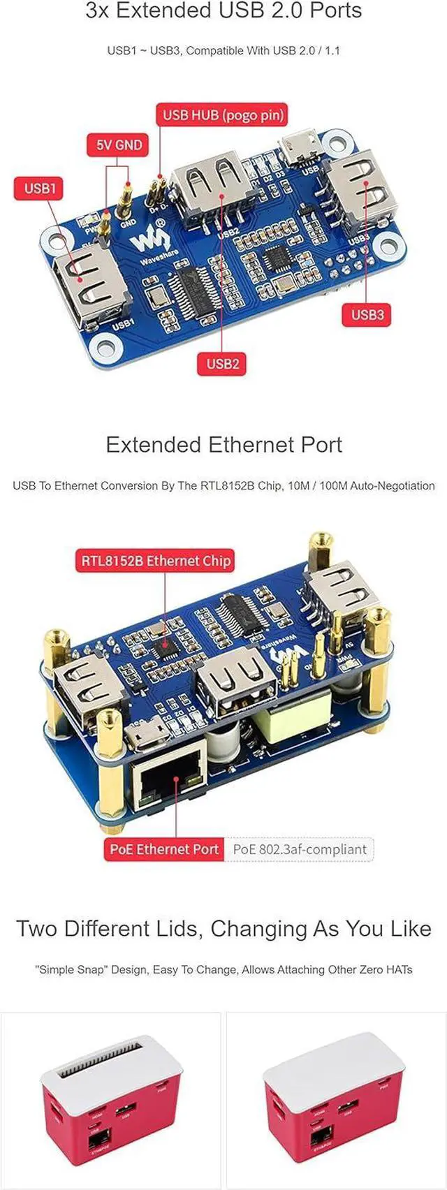 Alt view image 5 of 7 - PoE Ethernet/USB HUB Box Fit Raspberry Pi Zero Series, with PoE/ETH/USB HUB HAT Inside, 802.3af-Compliant, Includes 3X USB 2.0 Ports