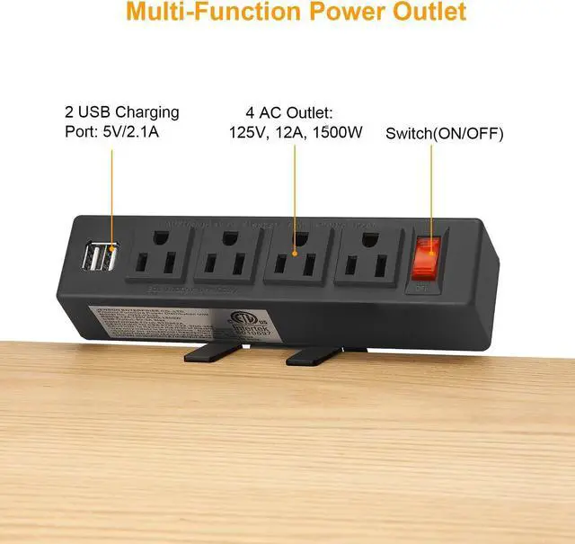 Alt view image 2 of 7 - HHSOET Desk Clamp Power Strip, Desktop Power Outlet Clamp Mount with 2 USB Ports, 4 AC Outlets, Mountable Desk Outlet Removable Power Plugs with 6ft Cord.(4AC2USB-Black)