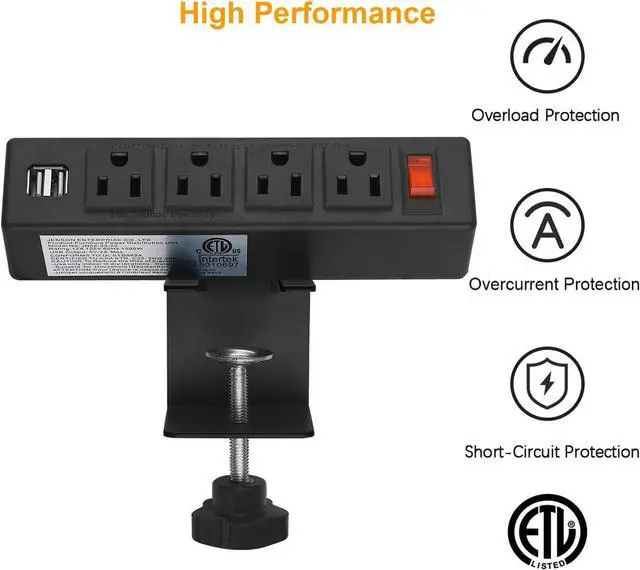 Alt view image 3 of 7 - HHSOET Desk Clamp Power Strip, Desktop Power Outlet Clamp Mount with 2 USB Ports, 4 AC Outlets, Mountable Desk Outlet Removable Power Plugs with 6ft Cord.(4AC2USB-Black)