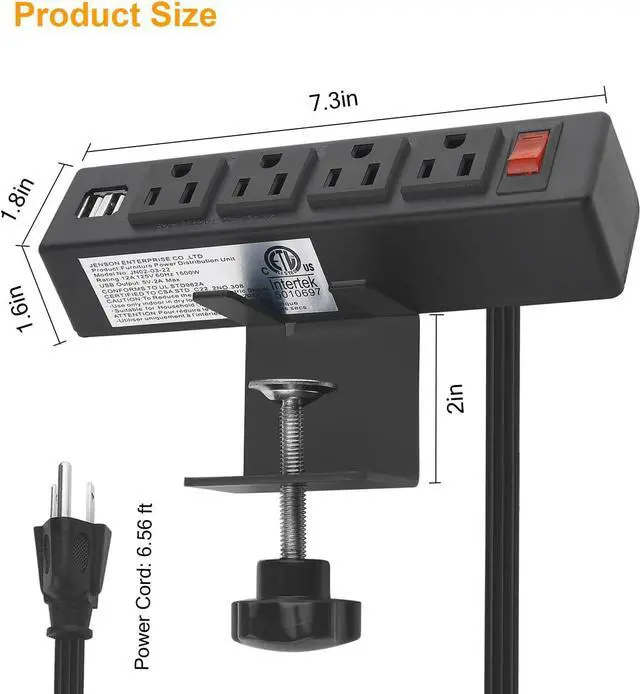 Alt view image 5 of 7 - HHSOET Desk Clamp Power Strip, Desktop Power Outlet Clamp Mount with 2 USB Ports, 4 AC Outlets, Mountable Desk Outlet Removable Power Plugs with 6ft Cord.(4AC2USB-Black)