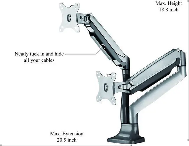Alt view image 2 of 6 - TechOrbits Universal Desk Mount for Dual Monitor - Fits two 13-30" Monitors with Swivel & Clamp