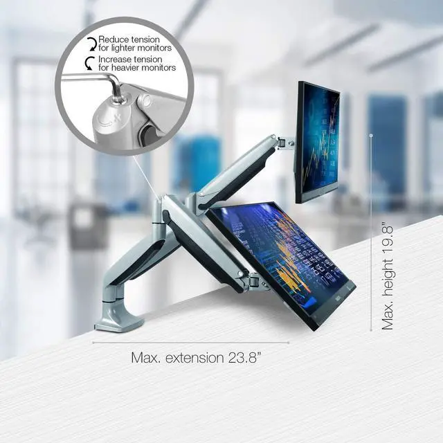 Alt view image 3 of 6 - TechOrbits Universal Desk Mount for Dual Monitor - Fits two 13-30" Monitors with Swivel & Clamp