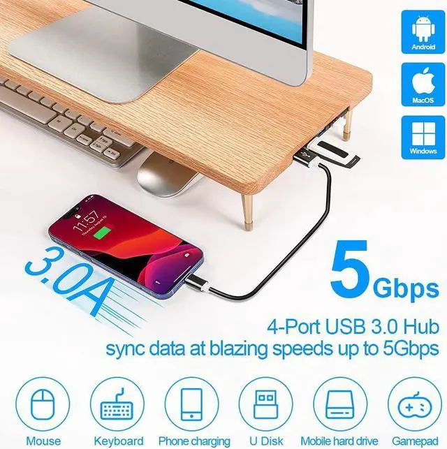 Alt view image 4 of 6 - Wood Riser Monitor Stand with USB Ports Computer Stand w/Slot for Tablet & Cellphone Computer Riser w/Big Storage, Dual Monitor Riser for PC, Computer, Laptop, Printer