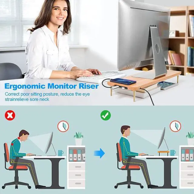 Alt view image 5 of 6 - Wood Riser Monitor Stand with USB Ports Computer Stand w/Slot for Tablet & Cellphone Computer Riser w/Big Storage, Dual Monitor Riser for PC, Computer, Laptop, Printer