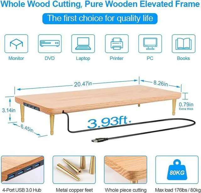 Alt view image 6 of 6 - Wood Riser Monitor Stand with USB Ports Computer Stand w/Slot for Tablet & Cellphone Computer Riser w/Big Storage, Dual Monitor Riser for PC, Computer, Laptop, Printer