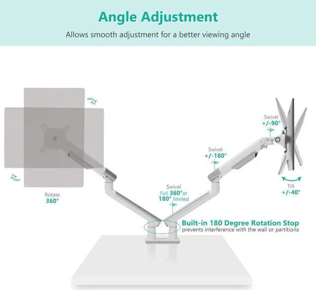 Alt view image 5 of 7 - WALI Dual Monitor Stand White Monitor Arms for 2 Monitors, Mechanical Spring Tension Indicator Fully Adjustable Bracket, Up to 32 inch, 22lbs Weight Capacity (MATI002-W), White