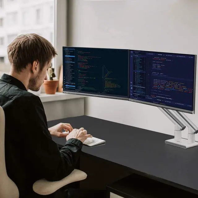 Alt view image 2 of 7 - WALI Dual Monitor Stand White Monitor Arms for 2 Monitors, Mechanical Spring Tension Indicator Fully Adjustable Bracket, Up to 32 inch, 22lbs Weight Capacity (MATI002-W), White