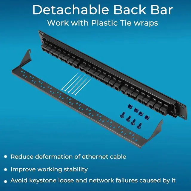 Alt view image 6 of 7 - Rapink Patch Panel 24 Port Cat6 with Inline Keystone 10G Support, Pass-Thru Coupler UTP 19-Inch with Removable Back Bar, 1U Network Patch Panel for Cat6, Cat5e, Cat5 Cabling