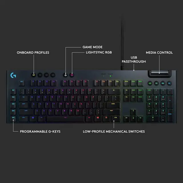 Alt view image 5 of 7 - G815 LIGHTSYNC RGB Mechanical Gaming Keyboard with Low Profile GL Clicky key switch, 5 programmable G-keys, USB Passthrough, dedicated media control - Clicky,Black