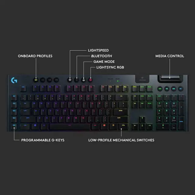 Alt view image 5 of 7 - G915 LIGHTSPEED RGB Mechanical Gaming Keyboard, Low Profile GL Clicky Key Switch, LIGHTSYNC RGB, Advanced LIGHTSPEED Wireless and Bluetooth Support - Clicky,Black